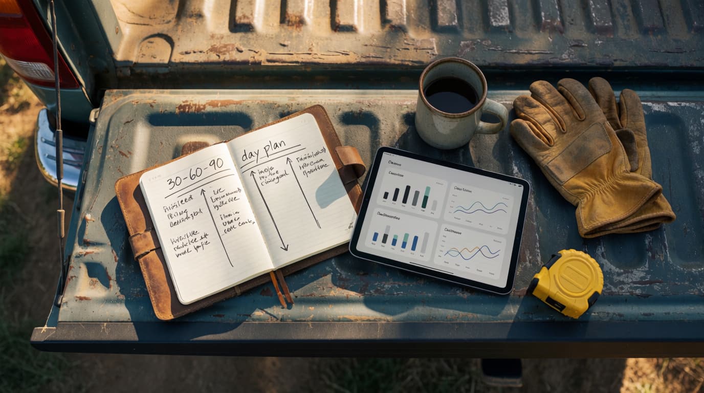 A 30-60-90 day plan notebook and a dashboard tablet on a truck tailgate