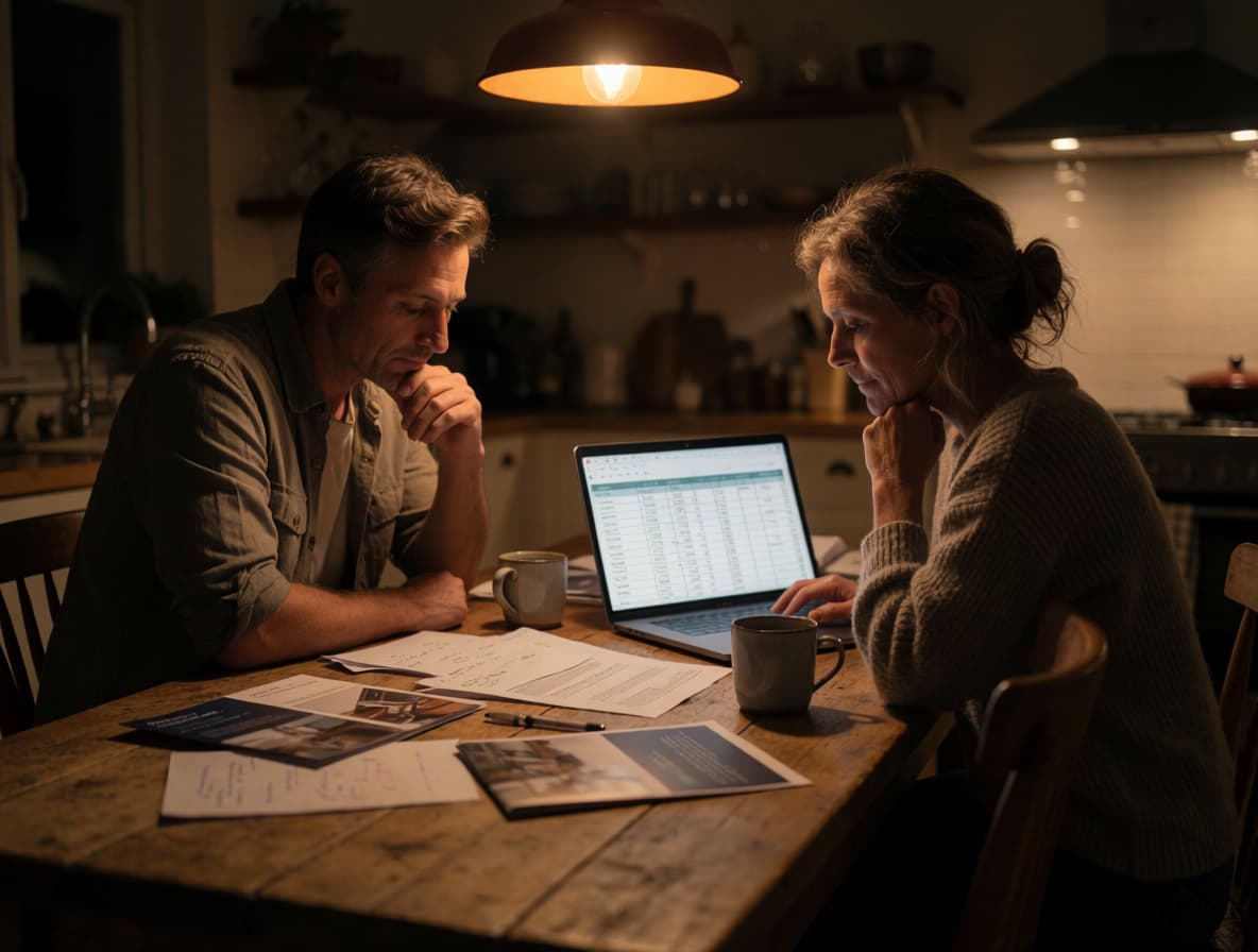 A couple reviewing business brochures and a spreadsheet at the kitchen table